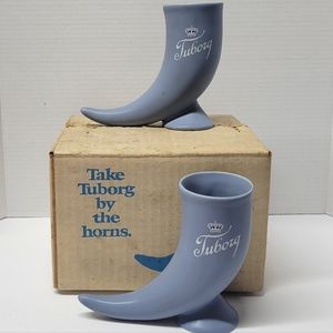 Pair of Vintage 1970s Tuborg Beer Ceramic Drinking Horn Mug Cup Original Box